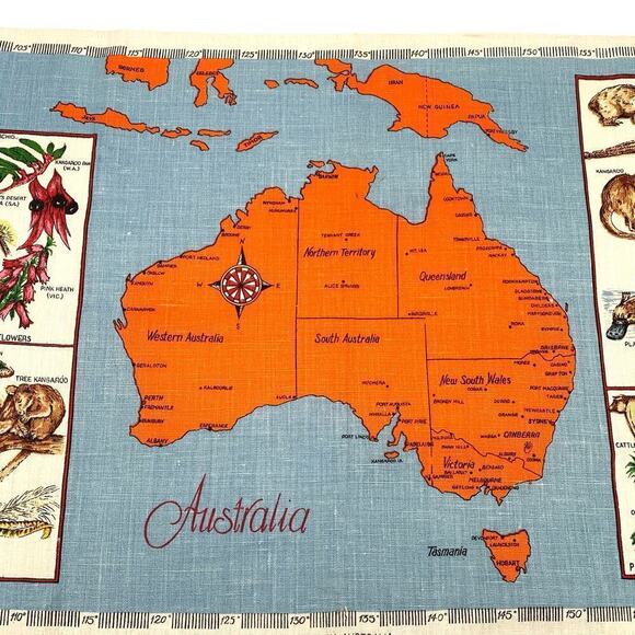 VTG NOS Souvenir Tea Towel 100% Linen Map of Australia Hand Printed Made/Poland - Picture 7 of 13
